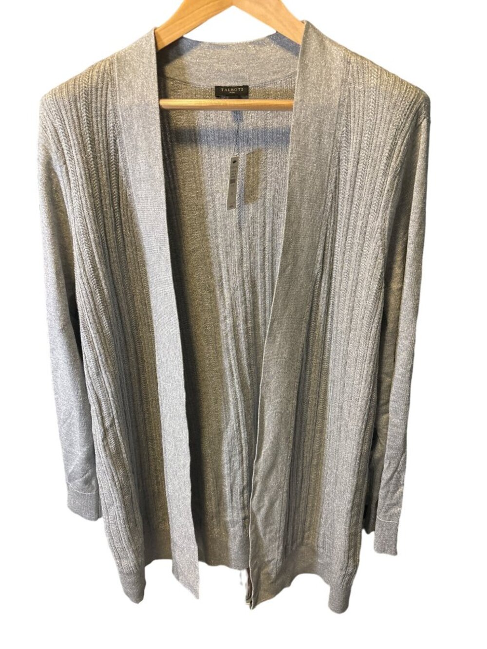 Talbots 2XL Plus Grey Metallic Thread Long Sleeve Open Knit Cardigan NEW Shimmer
